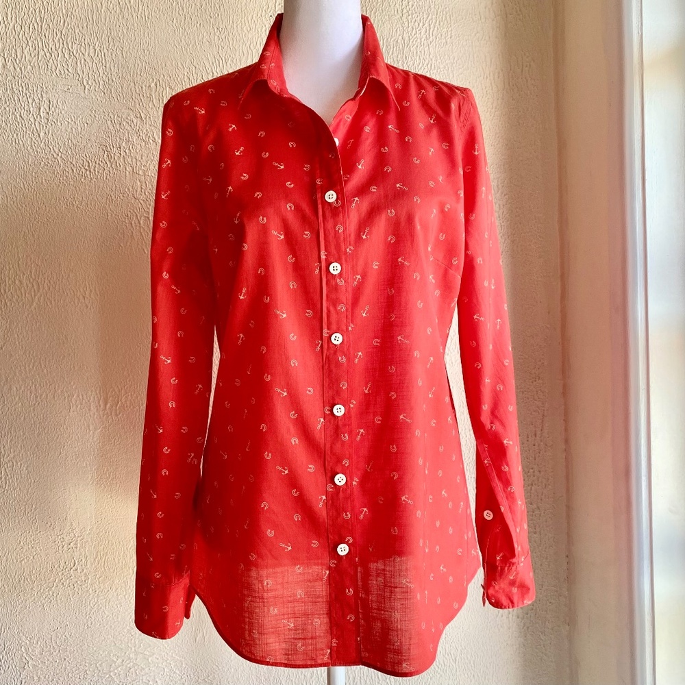 J Crew Perfect Shirt in red cotton with horseshoe and anchor motif print Size 8